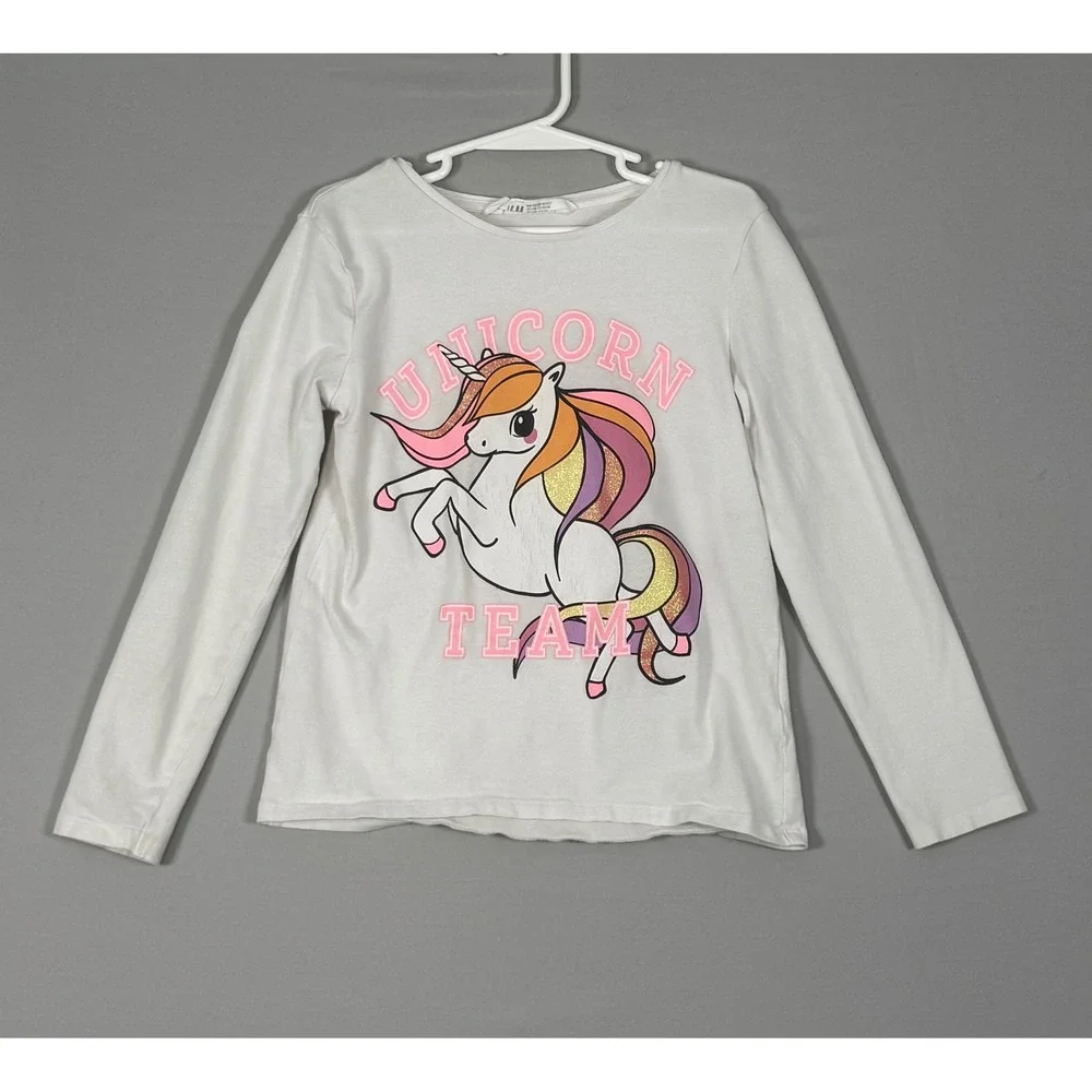 H&M Unicorn Team Graphic Tee Kids Size 6X/7 White Excellent Long Sleeve Glitter